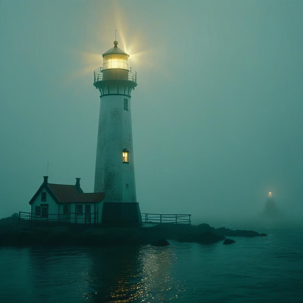 Lighthouse Shines Through Thick Fog: Cinematic Still