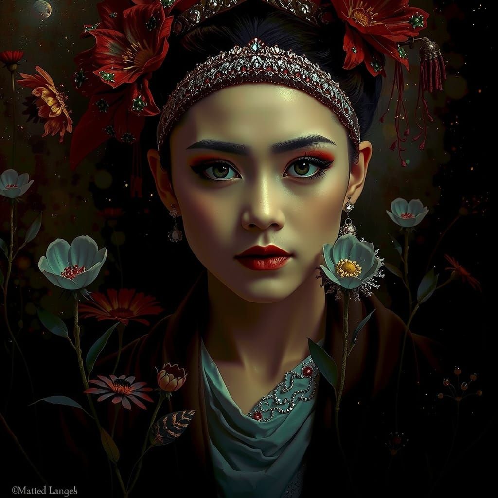 Elegant Geisha in Crimson Kimono Amidst Luminous Nebula Flor...