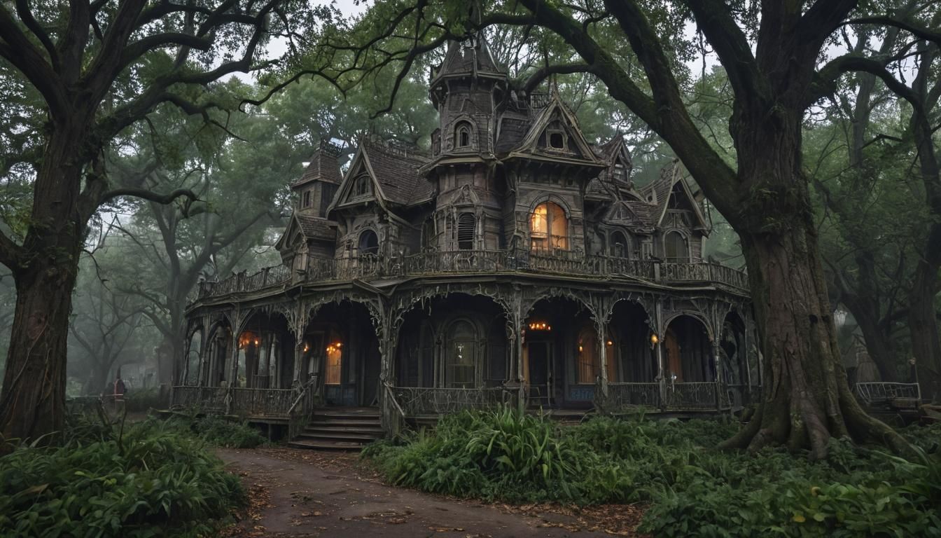 Horror Theme Park with Haunted Houses in Steampunk Style