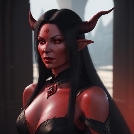 Red Tiefling Queen in 3D Cinematic Style