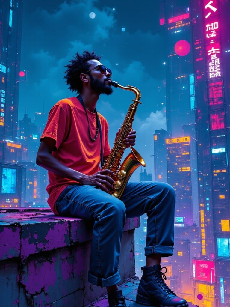 Neon Jazz Musician Lost in Music on Rooftop