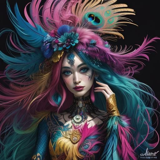 Peacock Mermaid Portrait in Abstract Expressionist Style