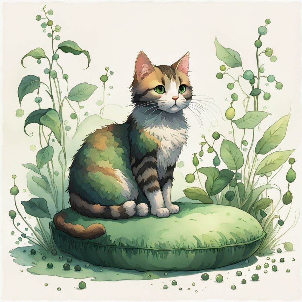 Whimsical Cat Amidst Lush Peas in Watercolor Style