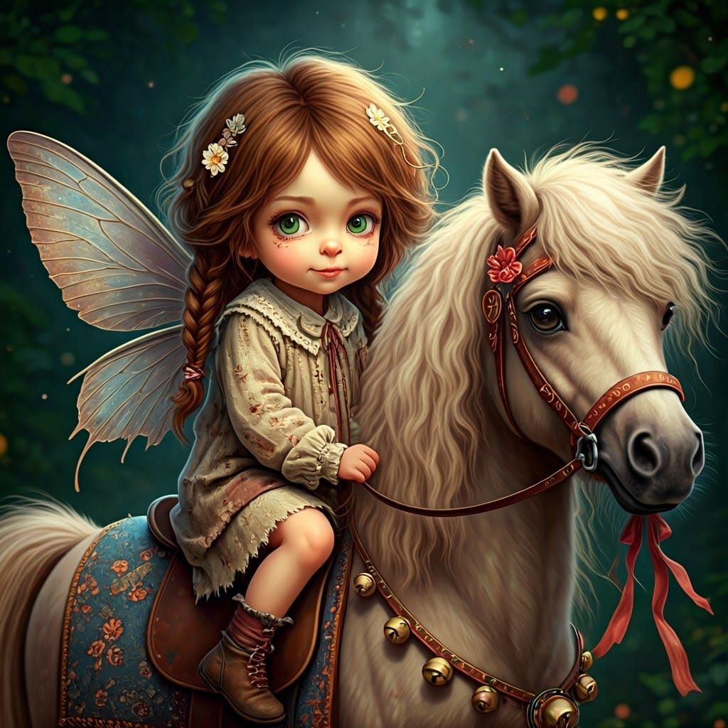 Fairy Girl on Pony in Mystical Forest