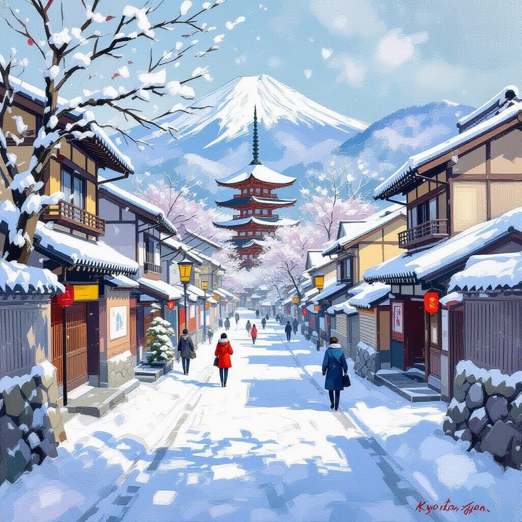 Kyoto Covered in Snow in Impressionist Gouache Style