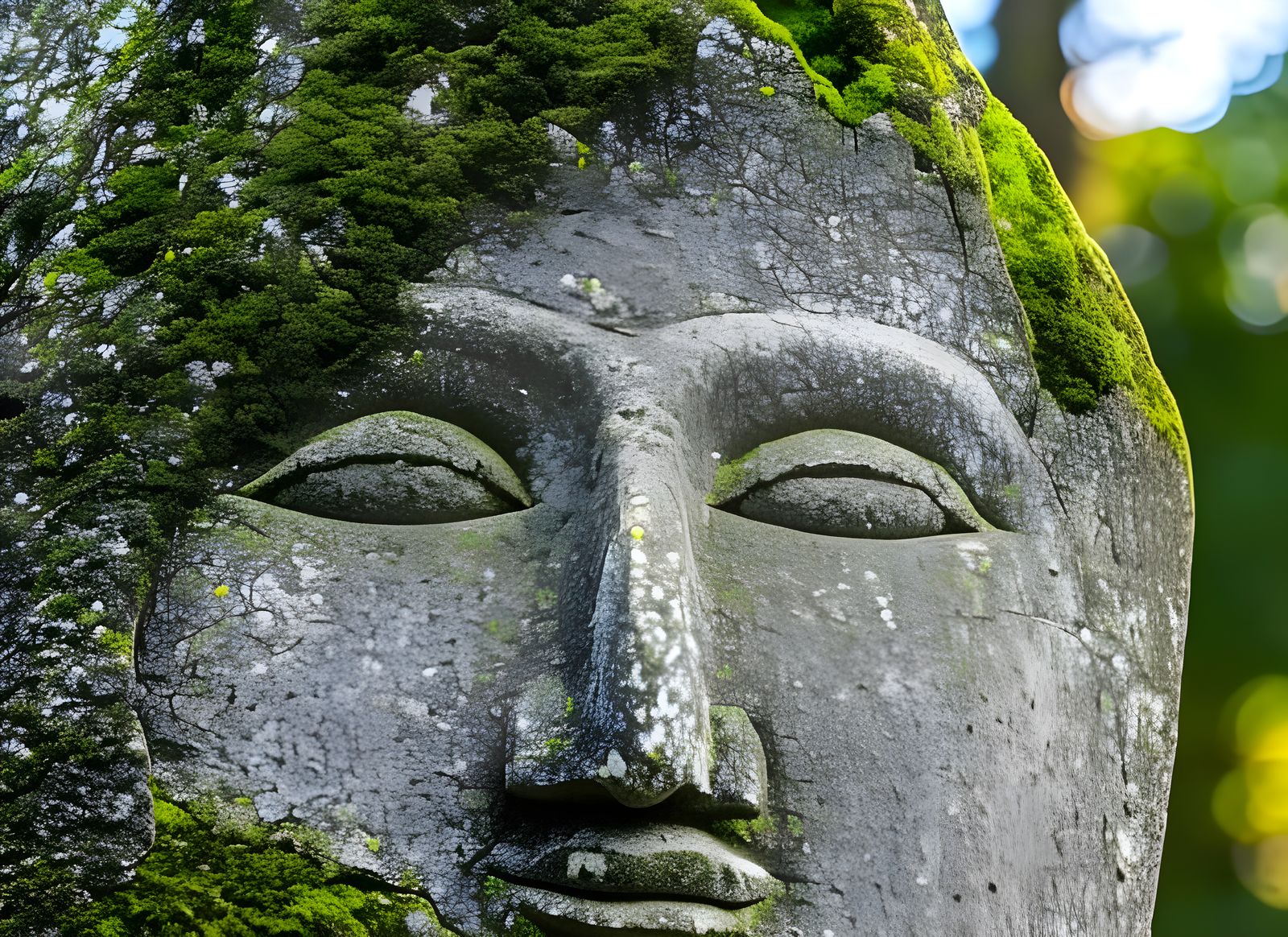 Ancient Stone Face Carved in Granite: Forest Photography