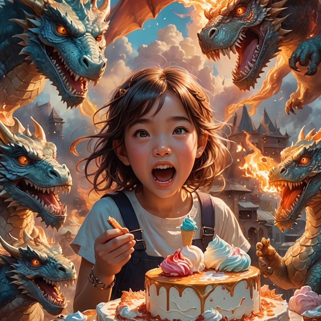 Girl with Dragons: Hyperrealistic Splash Art in Anime Style