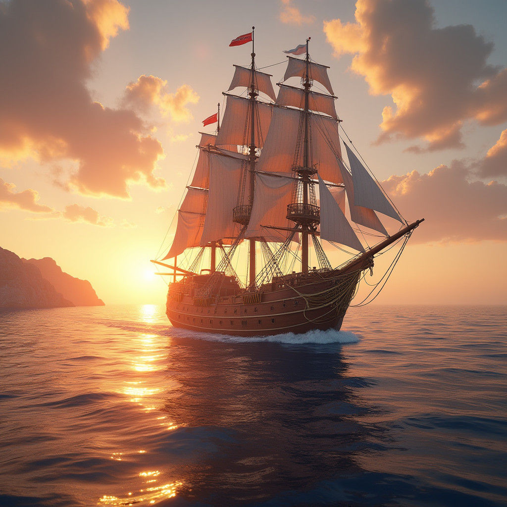 Sailing Ship at Sunset: Fantastical Matte Painting