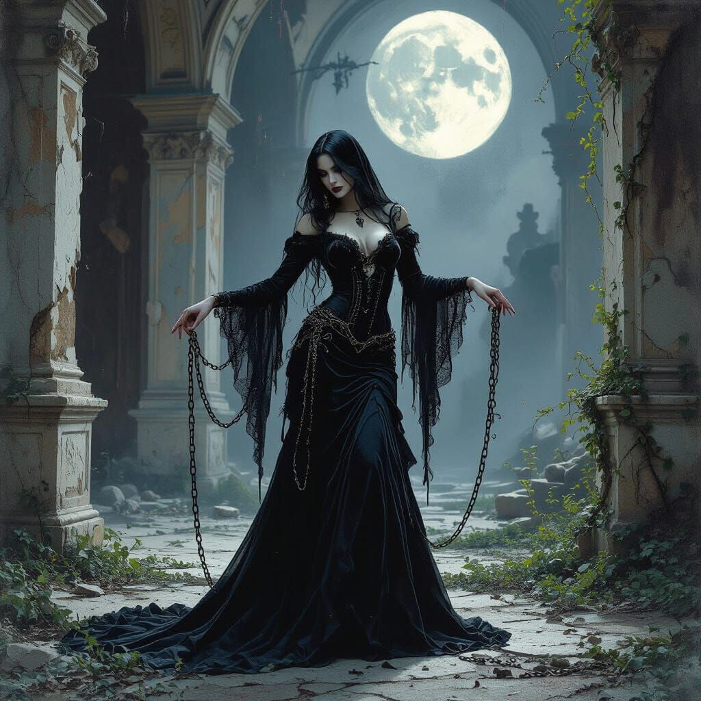 Gothic Dancer in Ruined Ballroom, Moonlit Shadows