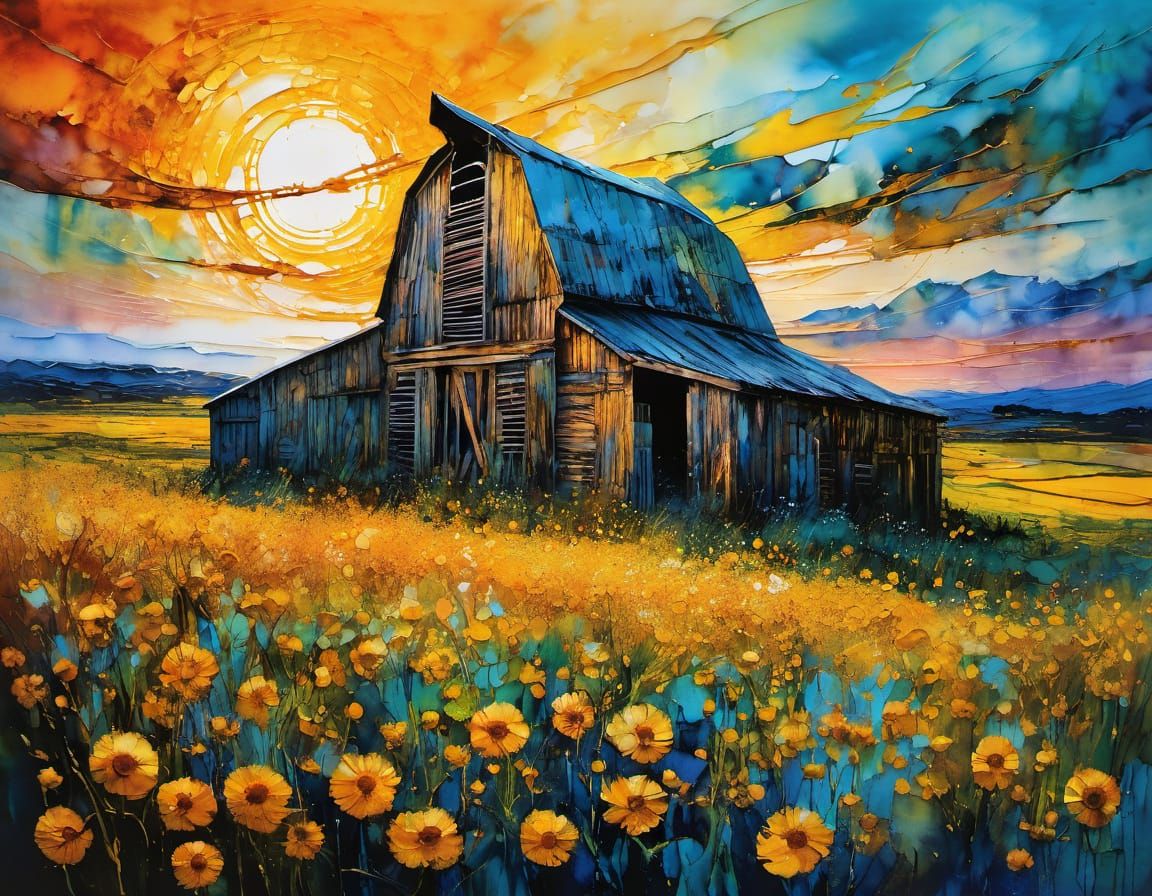 Vibrant Encaustic Sunset with Golden Ratio