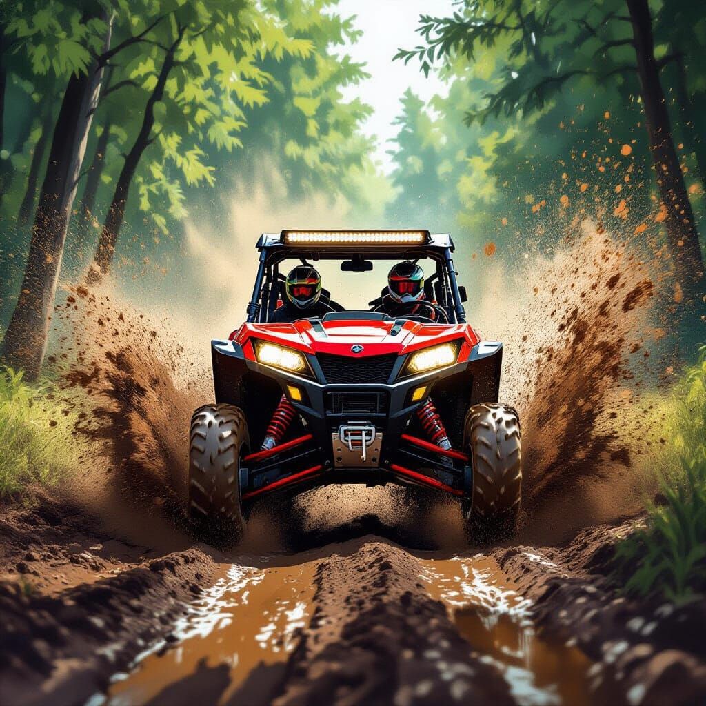 Red ATV Splashing Through Mud in Forest