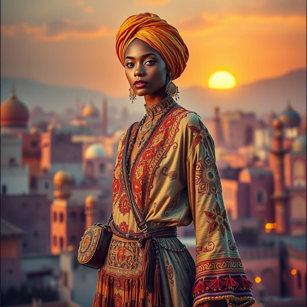 Ethereal Fashion Model in Vibrant Middle Eastern Cityscape
