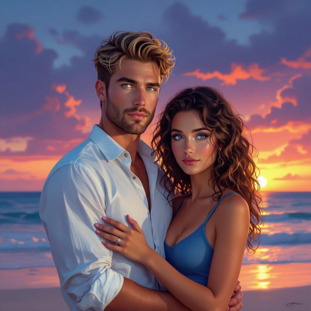 Beach Sunset Couple in Detailed Matte Painting Style