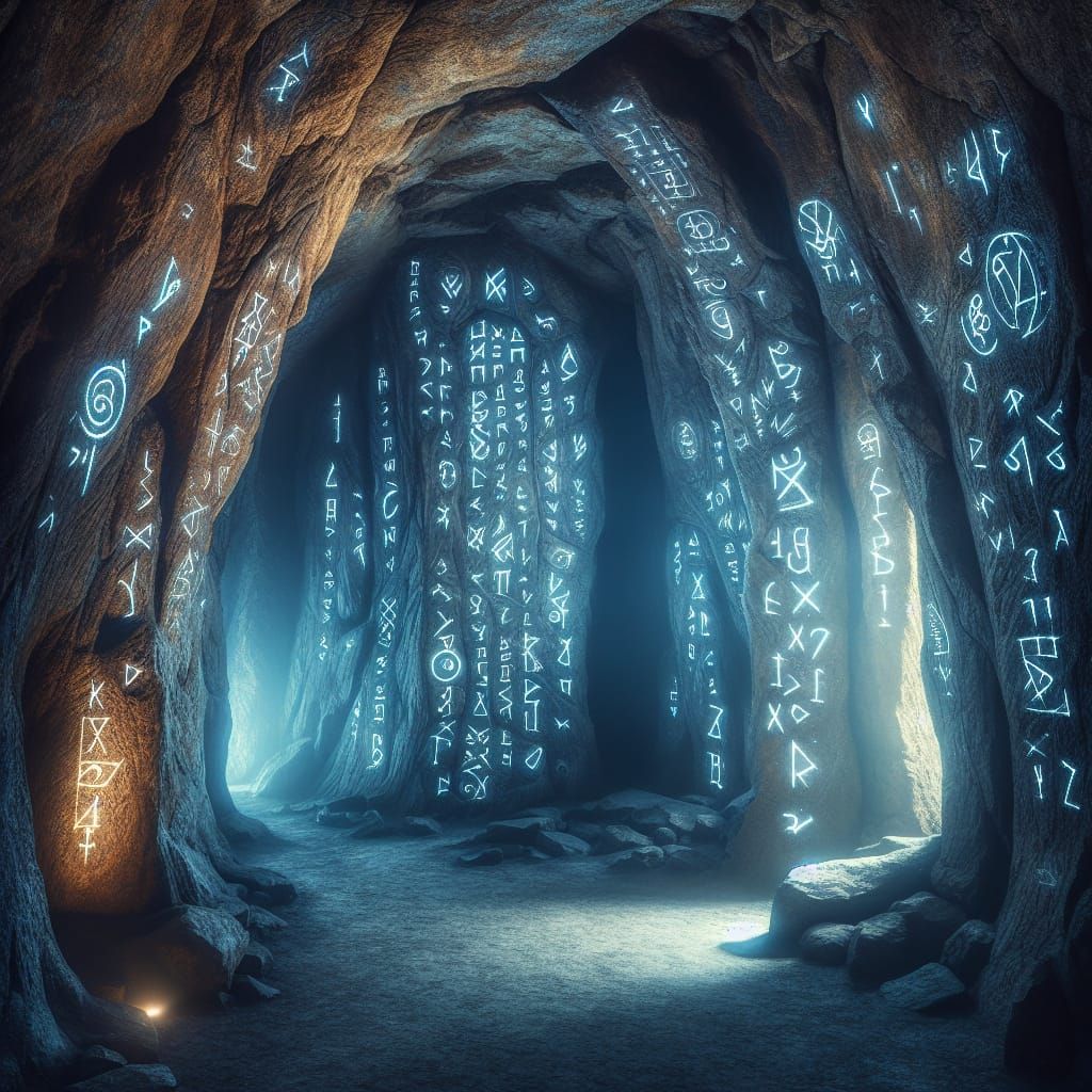 Mystical Cave Interior with Glowing Runes