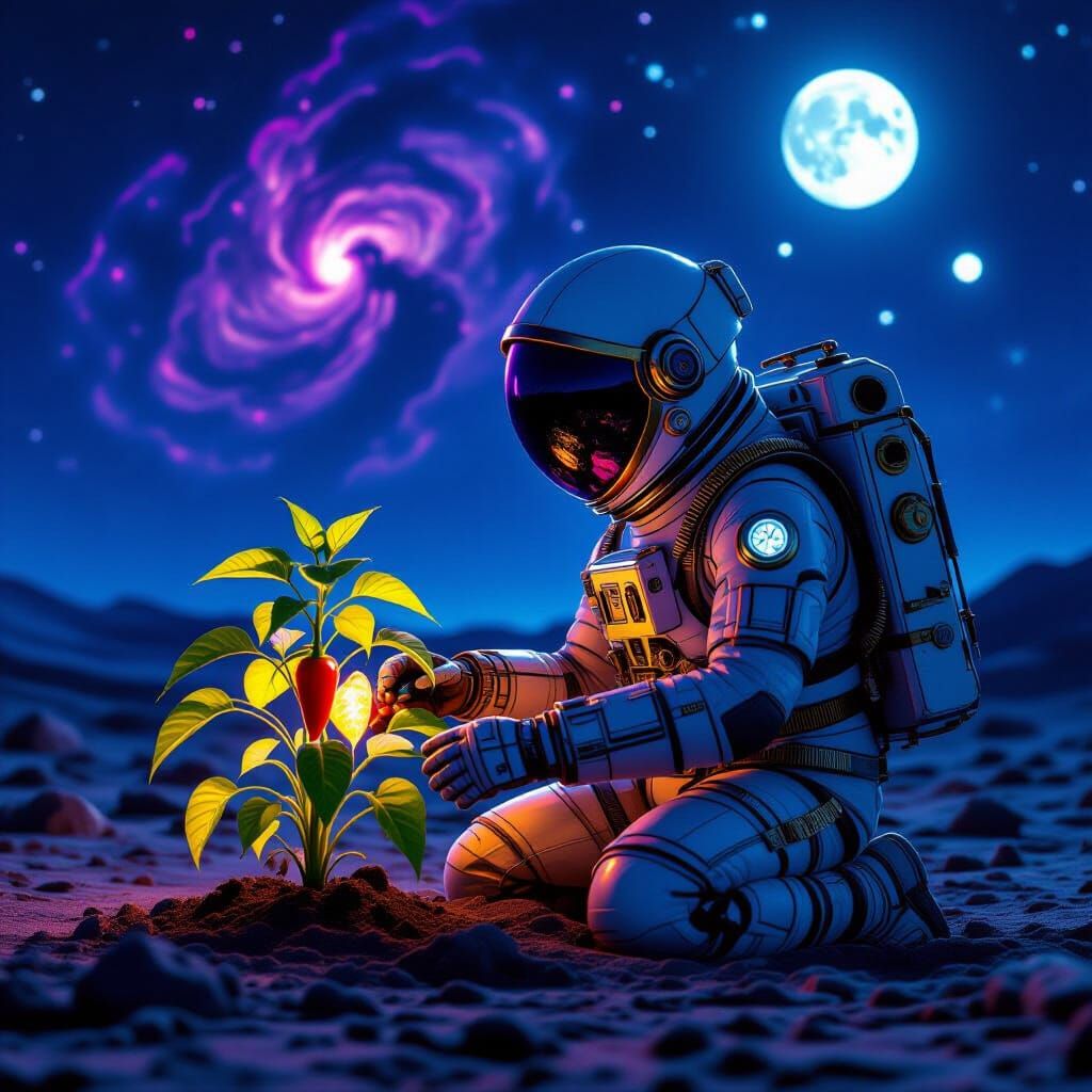 Astronaut Tends Alien Plant Under Nebula Sky