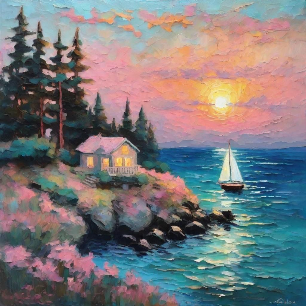 Coastal Impressionism: Sunset Over Turquoise Sea