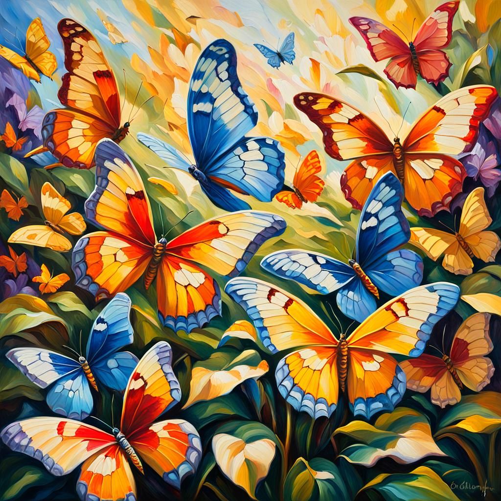 Butterflies in Living Landscape: Impressionist Oil Painting