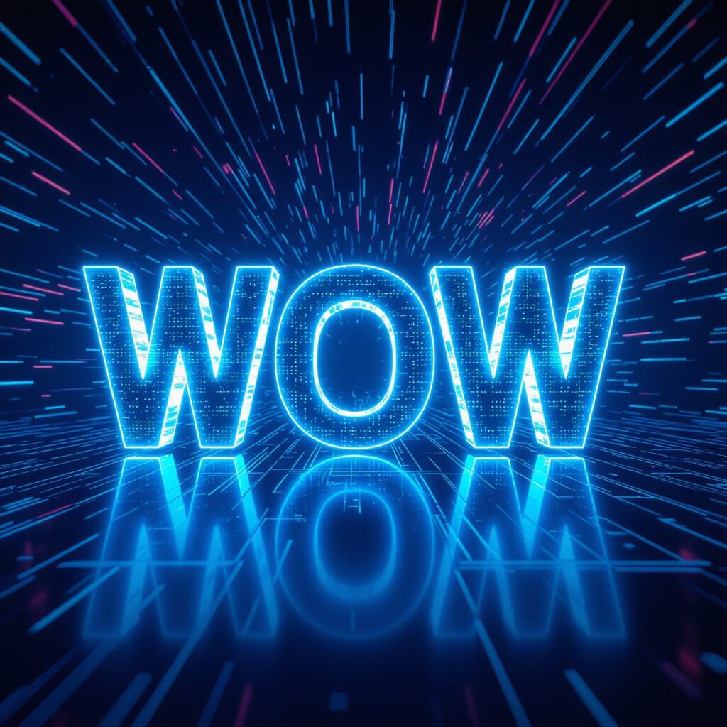 Monumental Holographic "WOW" Text in Digital Expanse