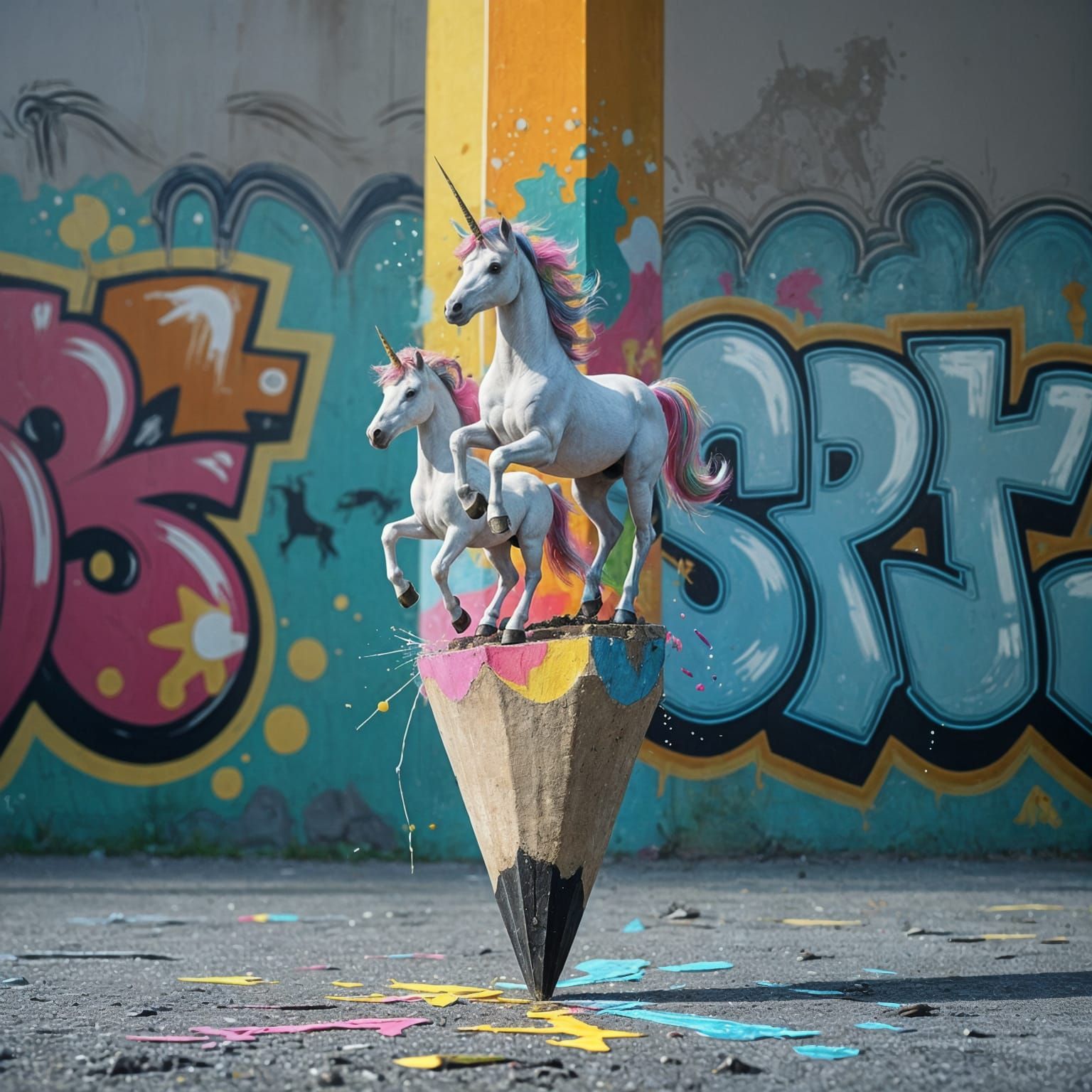 Graffiti Pencil with Unicorns, Splash Art Style