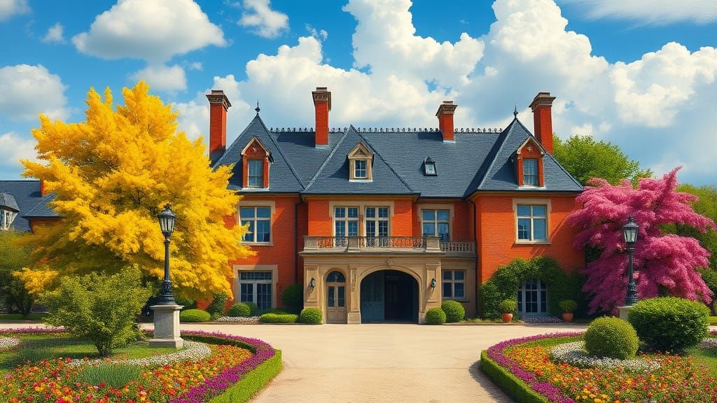 Grand Brick Chateau with Colorful Garden and Painterly Style
