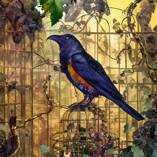 Raven and Gilded Cage in Neo-Impressionism Style