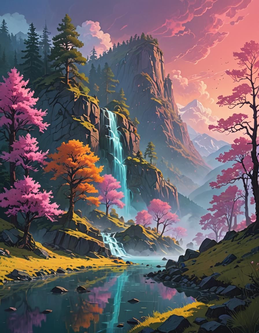 A tranquil scene sunrise cloudy mountains foggy waterfall ri...