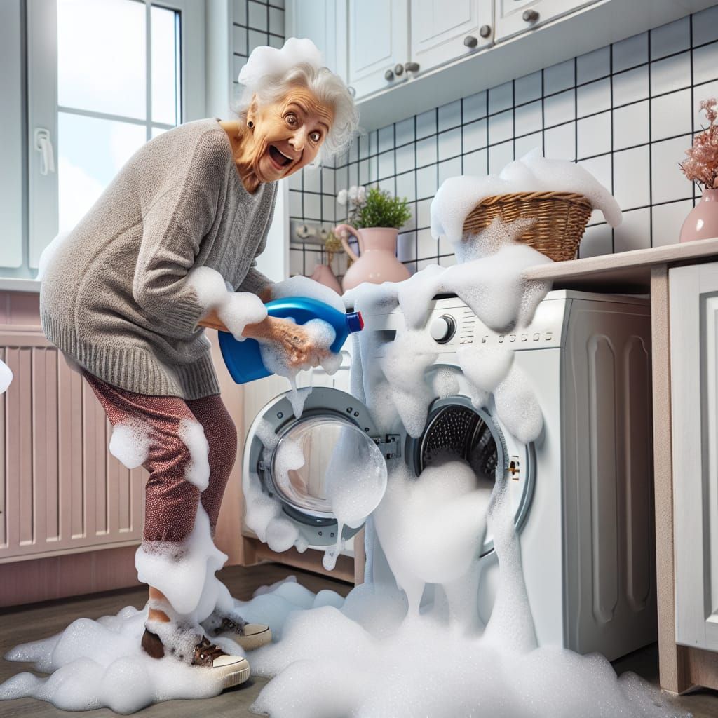 Mischievous Grandma's Laundry Day Bubble Trouble