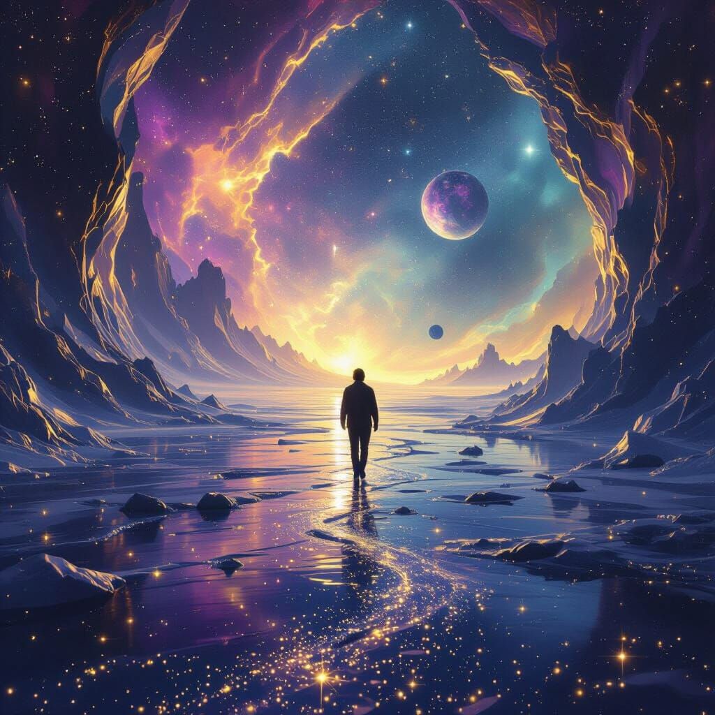 Surreal Dreamscape Figure in Cosmic Stardust Void