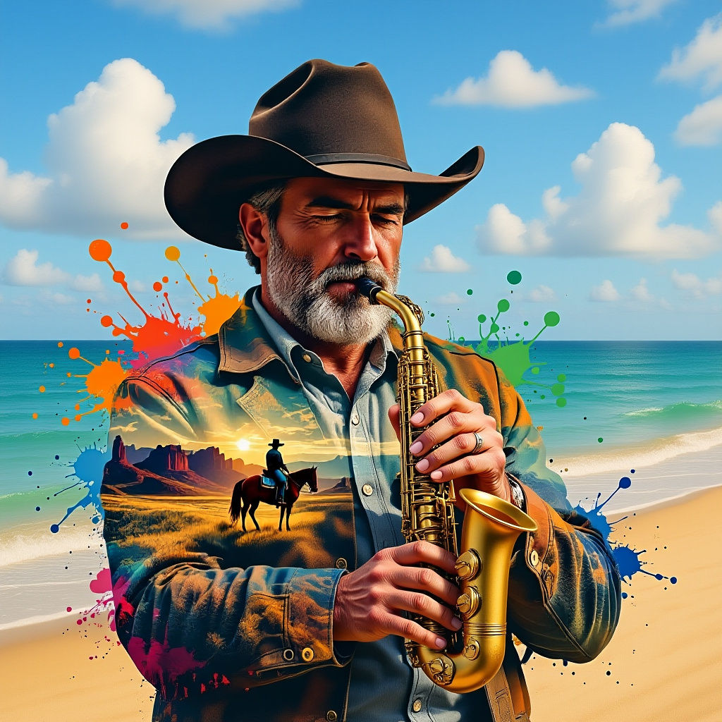 Harmonica Man Double Exposure: Cowboy Landscape