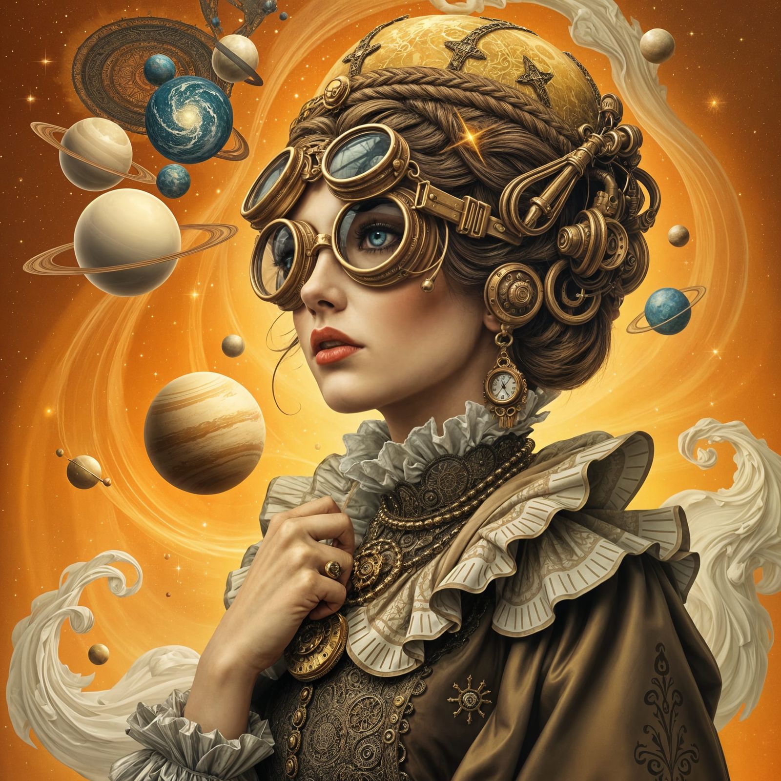 Elegant Cosmic Steampunk Design with Philosophical Themes