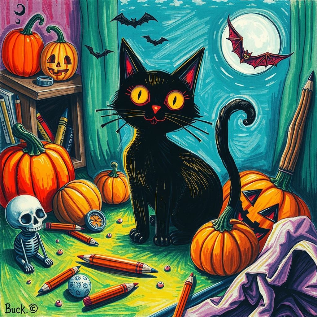 Child's Surreal Halloween Drawing with Black Cat