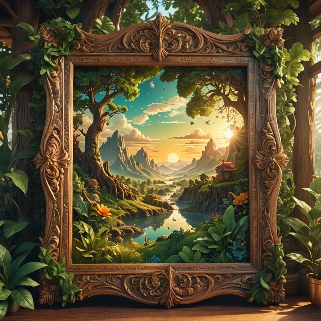 Intricate Wooden Frame in Vibrant Fantasy Art Style