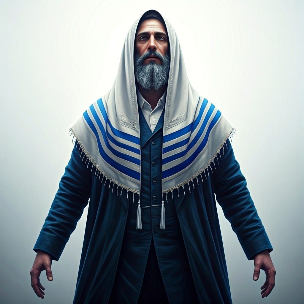 Elegant Rabbi Figure in Traditional Attire, Suspended Above...