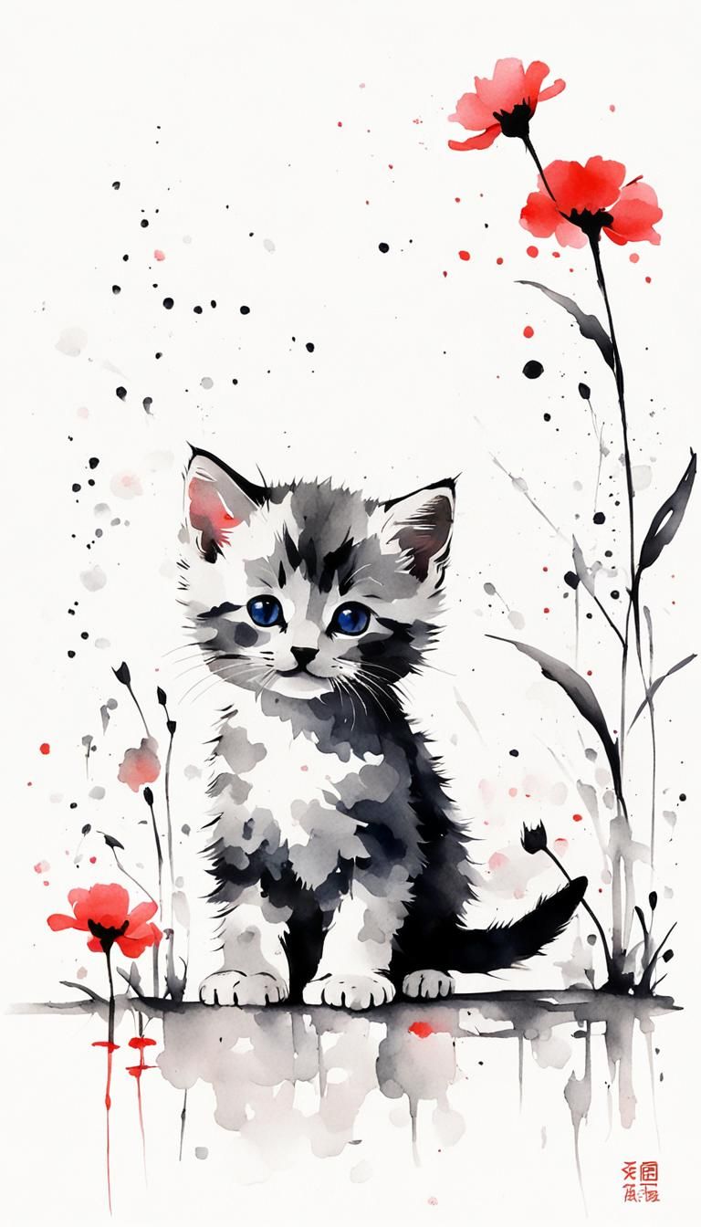 Minimalist Chinese Ink Painting of Kitten and Flowers