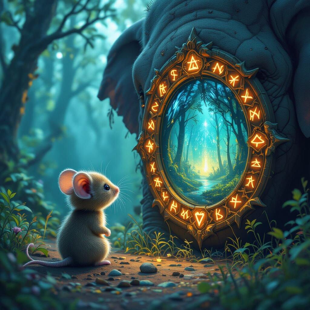 Mouse in Elephant Trunk Gazes into Magical Mirror Eye