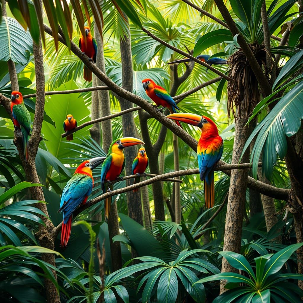 Vibrant Tropical Birds in a Rainforest Canopy