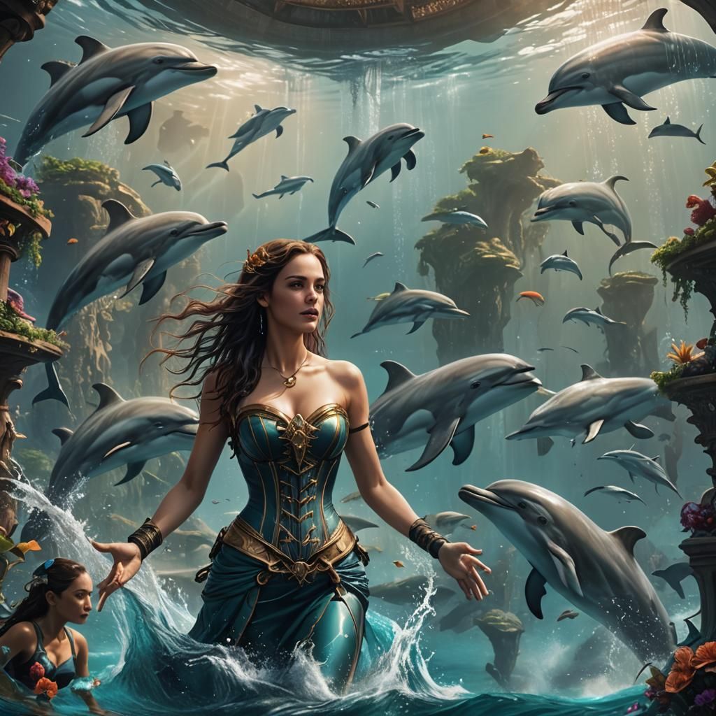 Girl Swimming with Dolphins: Detailed Fantasy Art