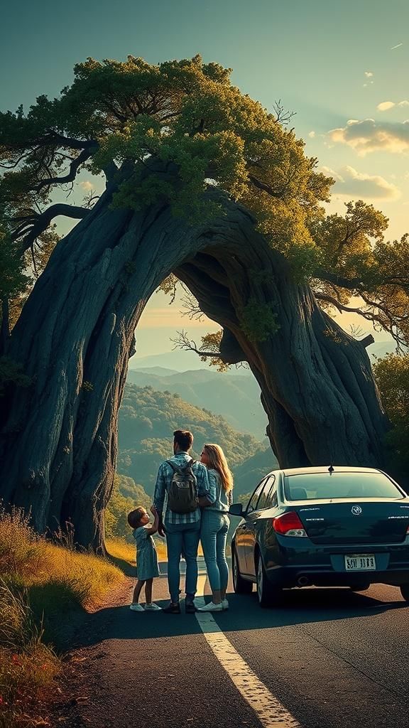 Family in Awe of Arch-Shaped Tree