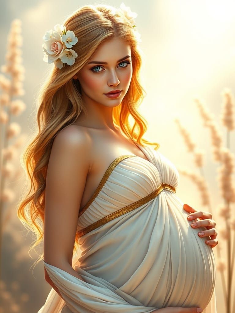 Serene Greek Goddess with Warm Strawberry-Blond Hair and Gol...