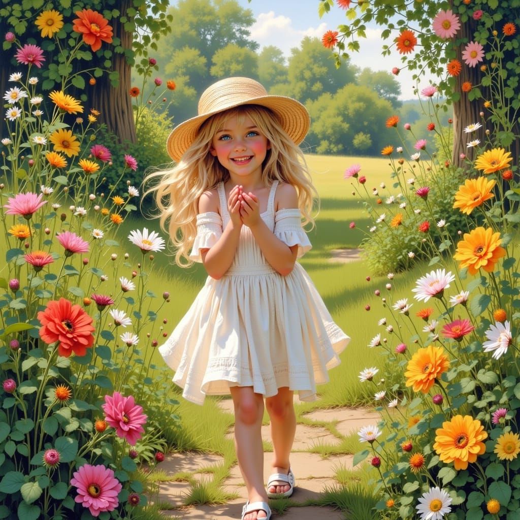Child's Joy in a Sun-Dappled Garden, Impressionist Style
