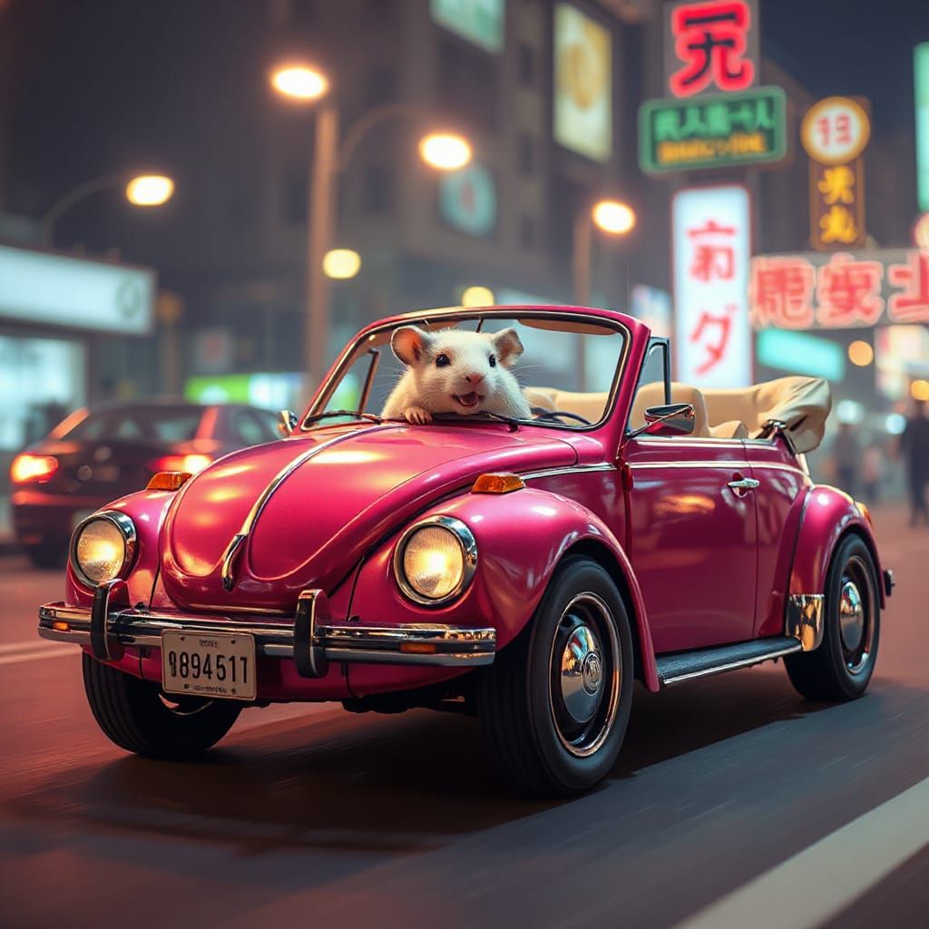 Anime Style Hamster Cruises in Vibrant Mecha VW Beetle