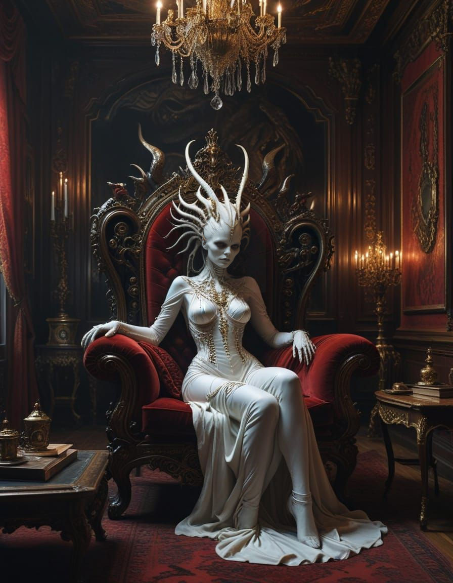 Gothic Steampunk Demoness in Luxurious Victorian Lair