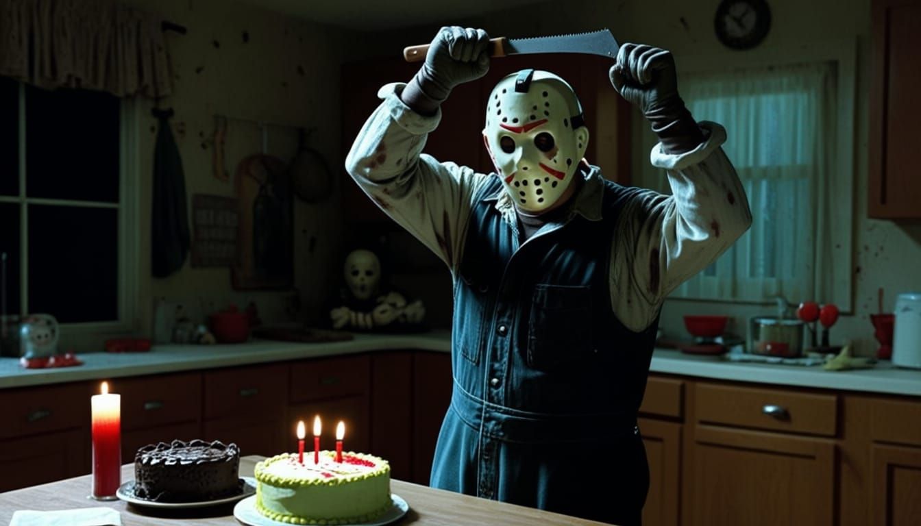 Jason Voorhees Slices Birthday Cake with Horror Villains