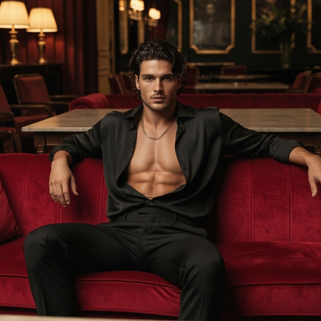 Confident Man on Velvet Couch in Opulent Lounge