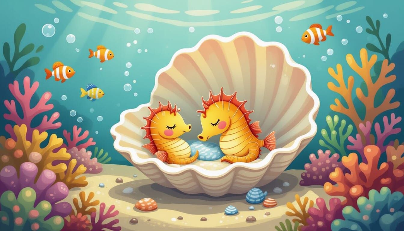 Seahorses Sleeping in Seashell: A Whimsical Underwater Scene