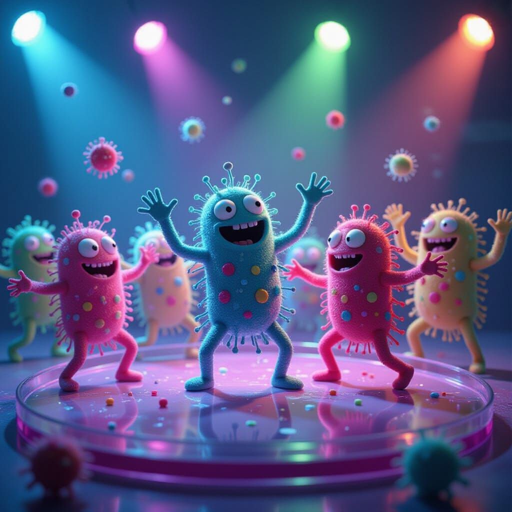 Fuzzy Microbes Dancing in Neon Petri Dish
