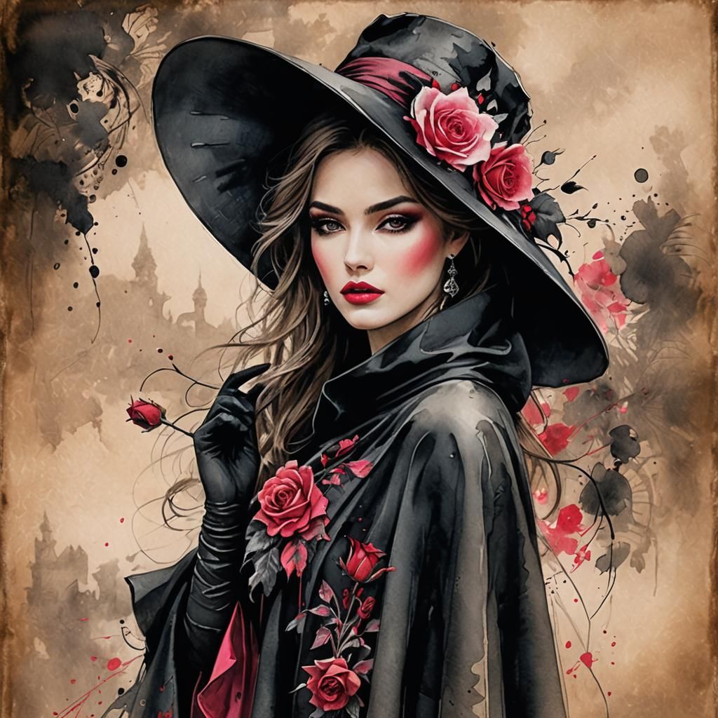 Abstract Model in Black Cape with Rose, Fashion Art