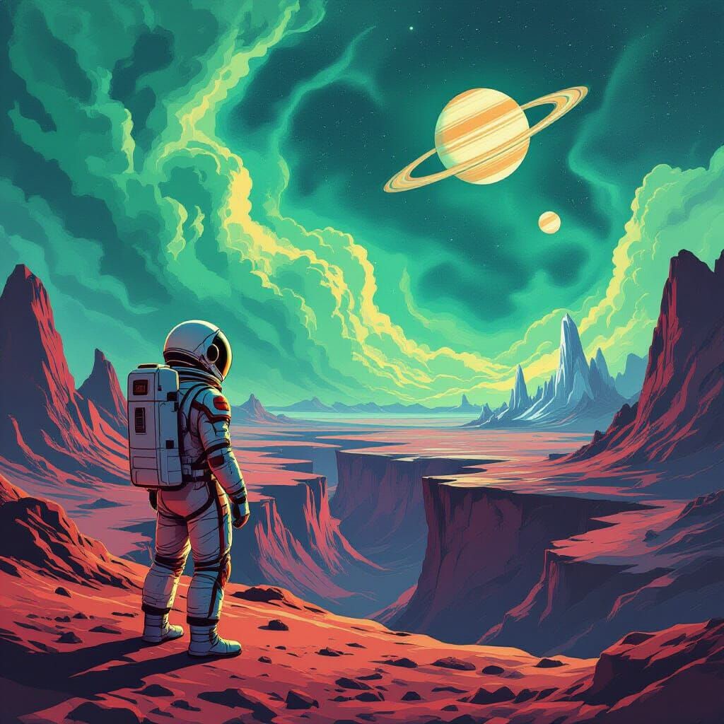 Astronaut on Alien Crater Rim in 1950s Sci-Fi Art Style