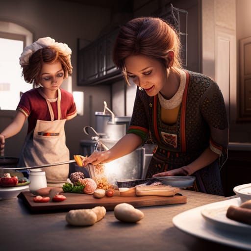 Mom and Daughter Cooking: Detailed Matte Painting