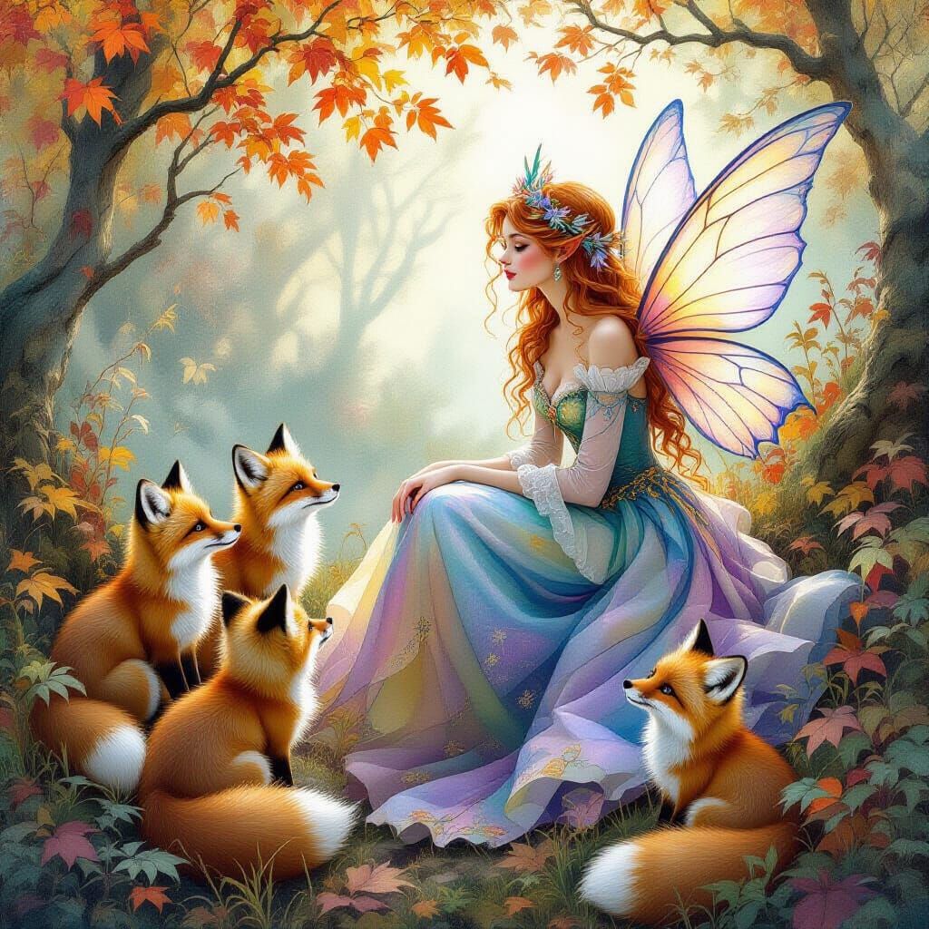 Enchanting Fairy with Fox Kits in Watercolor Style